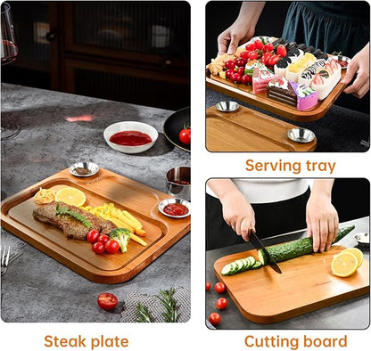 MAVOTER Wooden Steak Plates include 2 Sauce Cups, Wood Steak Board Set Serving Tray for Food Meat Cutting Board with Juice Groove, Charcuterie Board Platter for Home