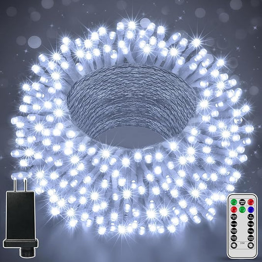 196FT 600 LED Christmas Lights Outdoor Waterproof, Timer & Memory Function, 8 Modes Cool White String Lights Plug in Twinkle Lights for Xmas Tree Holiday Garden Indoor Party Decor