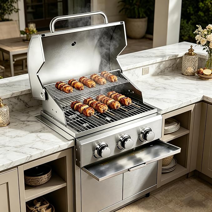3 Burner Built In Gas Grill, Stainless Steel Propane Grill, 30,000 BTUs,Dual Fuel Compatibility(Propane/Natural), Gas Grill Outdoor Cooking