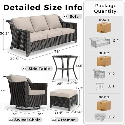6 Pieces Patio Conversation Furniture Set - 1 Sofa, 2 Swivel Chairs, 2 Ottomans, 1 Side Table, Outdoor Wicker Furniture with Removable Cushions for Porch, Balcony, Sunroom (Beige)
