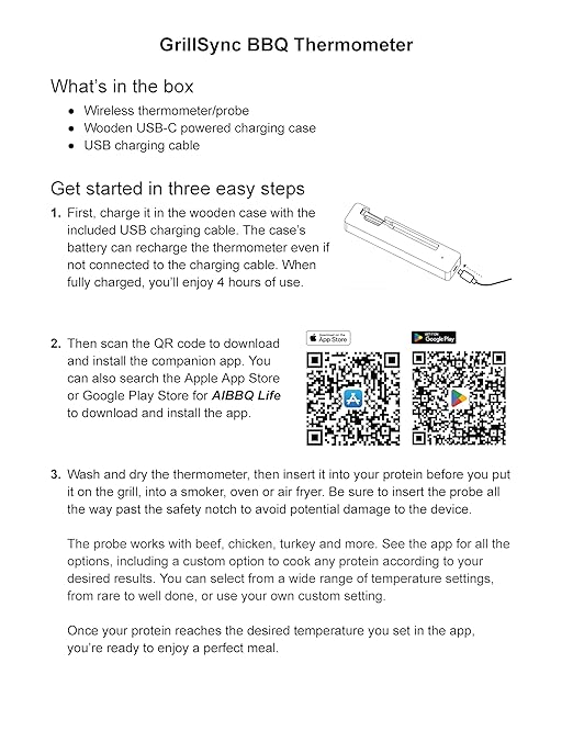 Grill Sync Wireless Meat Thermometer for Grilling, Smoking, Bluetooth Cooking with Dual Sensor Probe, Smart App Control for Grill, Smoker, Oven, Air Fryer, Waterproof Probe, USB-C Charging Case