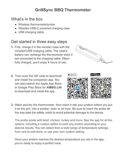Grill Sync Wireless Meat Thermometer for Grilling, Smoking, Bluetooth Cooking with Dual Sensor Probe, Smart App Control for Grill, Smoker, Oven, Air Fryer, Waterproof Probe, USB-C Charging Case