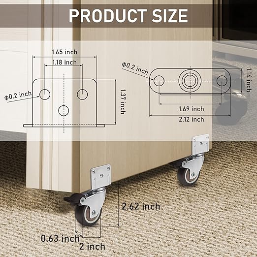 Nefish 2 Inch Side Mount Casters 8 Pack, L-Shaped TPR Rubber Caster Set of 8, Ball Bearing 360 Degree Plate Swivel Castors Wheel, Corner Castors Wheels for Furniture, Baby Bed, Kitchen, Cabinet, Table