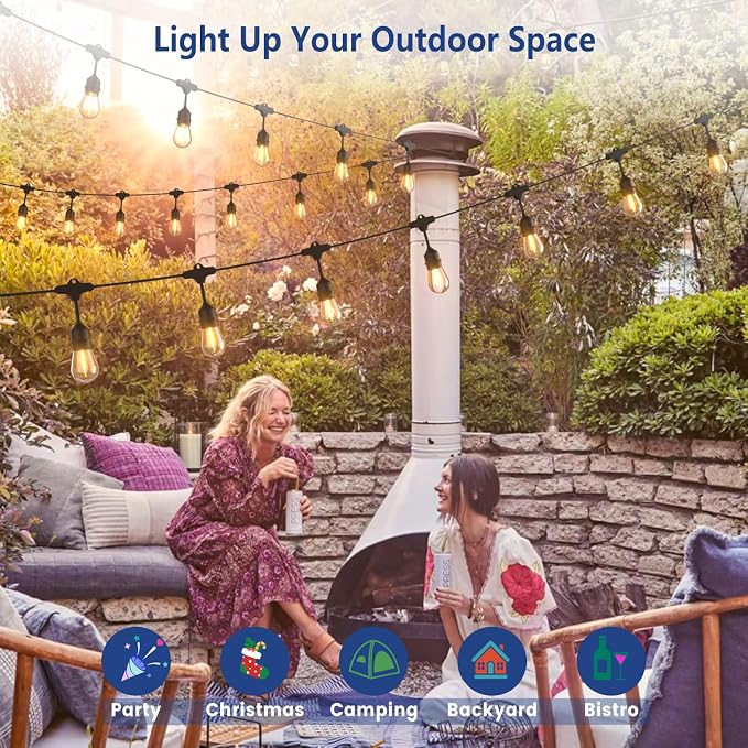 24FT String Lights for Outside, Remote & Waterproof, Connectable | 2FT Spacing, Heavy Duty Commercial Grade, 18 AWG Cord, 12+1 Shatterproof Bulbs, IP65, Timer & Dimmable, Plug-in, Backyard