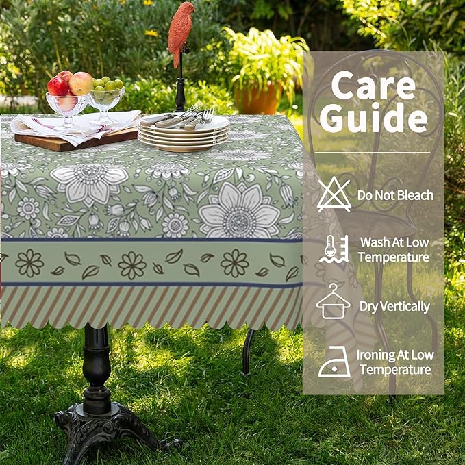 French Rectangular Tablecloth 55"x70" - Green Floral Waterproof Table Cloth for Dining, Kitchen, Outdoor and Picnic Party Decor
