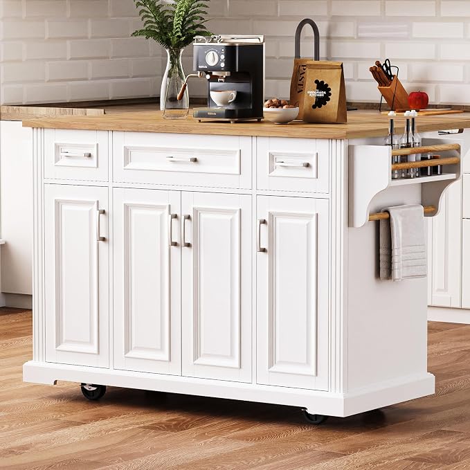 Ball & Cast Modern Large Kitchen Island with Rubber Wood Drop Leaf, Embossed Texture Rolling Cart on 4 Wheels W/4 Doors & 3 Drawers, Mobile Storage Kitchen Islands W/Storage for Dining Room,White,54"