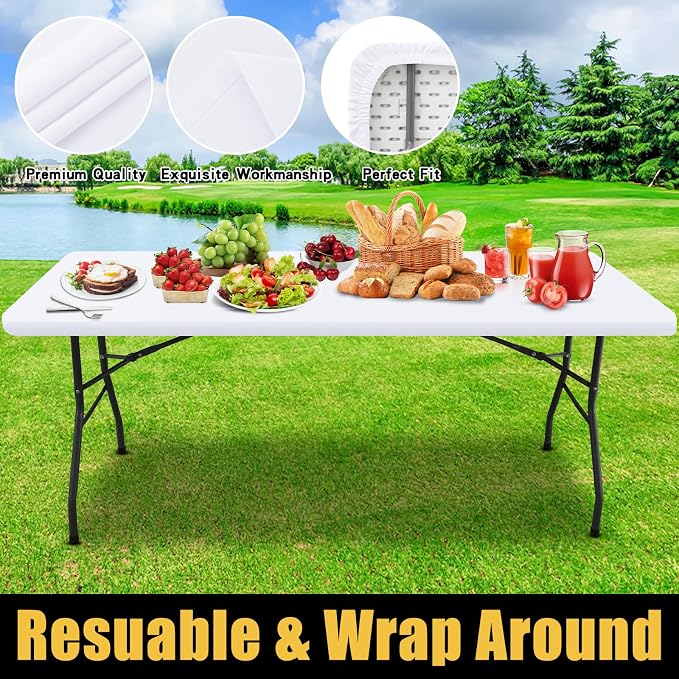 Smiry Rectangle Picnic Table Cloth, Waterproof Elastic Fitted Tablecloths for 5 Foot Tables, Washable Polyester Table Cover for Camping, Indoor and Outdoor (White, 36"x60")