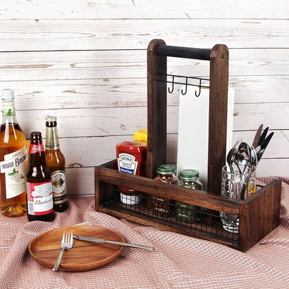 J JACKCUBE DESIGN Rustic Wood Tabletop Organizer for Outdoor Dining, Grill, BBQ Condiment, Spices, Spatula, Tong, Utensil Holder and Paper Towel Serving Caddy - MK718A (Rustic Wood)