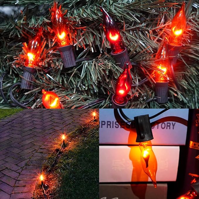 Christmas Flickering Flame String Lights, 10Ft with 11 Pack Orange Purple Flame Light Bulbs C18 E12 Base for Indoor Outdoor Christmas Decorations, Black Wire