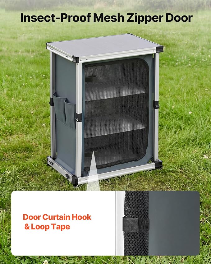 VEVOR Folding Camping Storage Cabinet, Outdoor Portable Aluminum Lightweight Table, Quick Set-up Compact Kitchen Cook Station, with 3 Shelves and Carry Bag, for Picnic, BBQ, Camping, RV Traveling