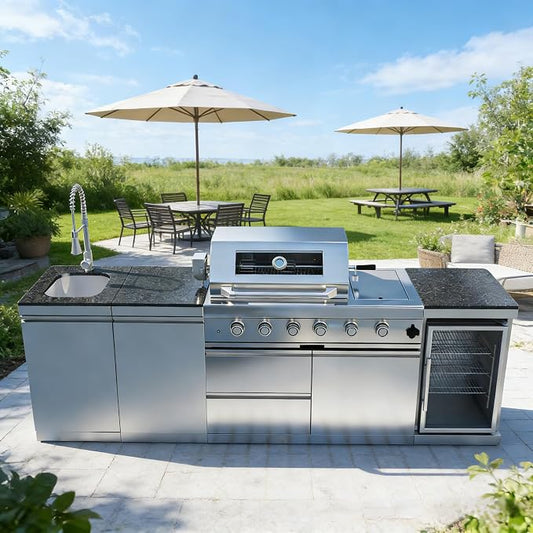 104" Modular Outdoor Kitchen Island With Grill And Side Burner, 4-burner 72,000 Btu Propane Bbq Island, Refrigerator, Separate Sink & Prep Station, For LP-Silver 72000BTU/104 Inch