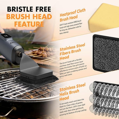 Electric Grill Brush - Bristle Free Grill Brush for Outdoor Grill, Cordless BBQ Grill Cleaner with 3 Heads, Rechargeable 240 Mins Runtime Barbecue Grill Cleaning Brush (Gray)