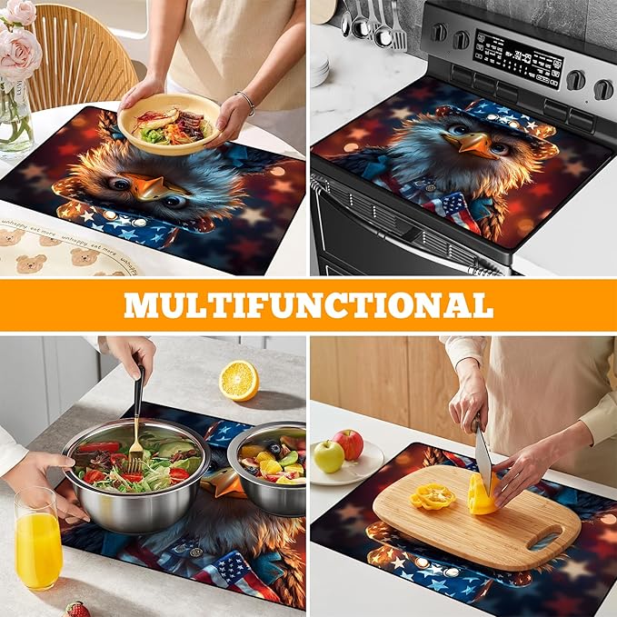 Multi-Design Stove Cover for Glass/Electric Stoves - 3-in-1 Heat-Resistant Protector Mat, Non-Slip Drying Rack 28"x20" (Independence Day - Eagle)