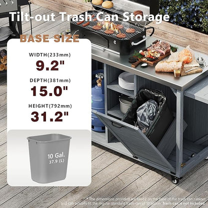 78.3" Outdoor Kitchen Island with Foldable Grill Table, Wooden Outdoor Grill Cart with Trash Can Storage & Stainless Steel Top, Outdoor Bar Cart, Pizza Oven Table for Lawn & Garden (Grey+Blue@76)