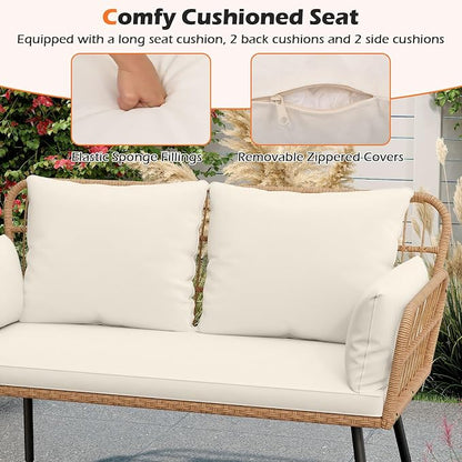 Tangkula Patio Wicker Loveseat, Outdoor 2-Seater PE Rattan Sofa with Pillows, Cushions, Metal Frame & Adjustable Foot Pads, 800 lbs Outside Couch for Porch, Backyard & Poolside (Off White, 50.5" L)