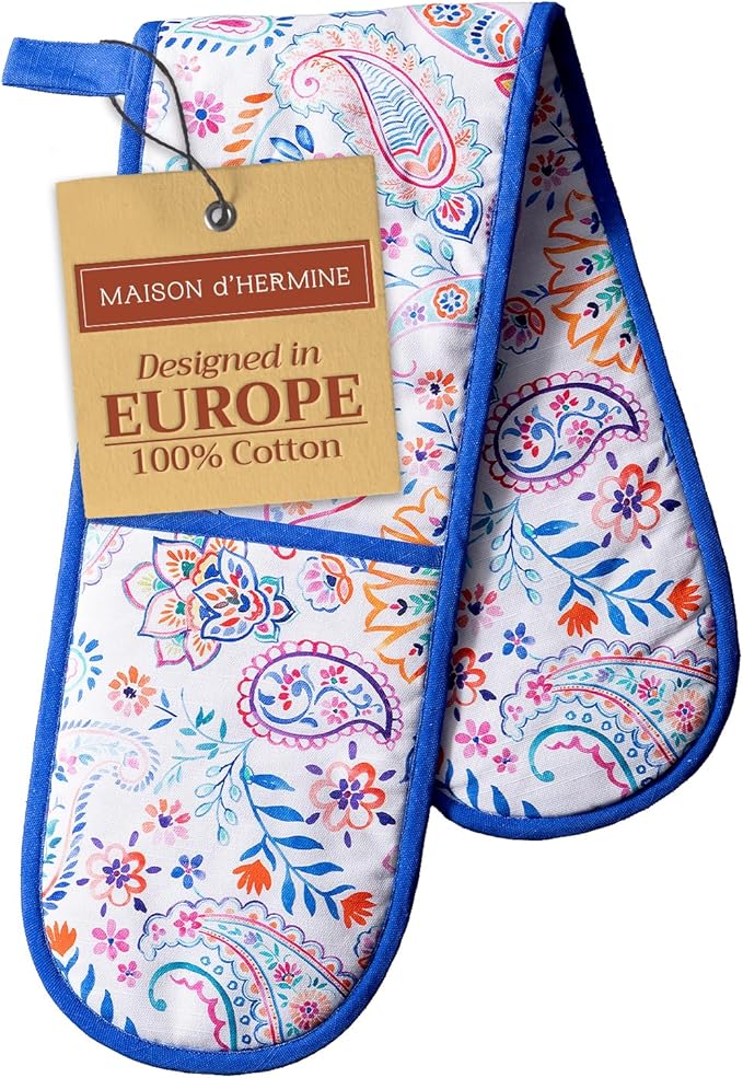 Maison d' Hermine Double Oven Mitts 100% Cotton 7"x35" Double Oven Mitt Heat Resistant BBQ Cooking Gloves with Loop Baking Grilling Kitchen Hotel Home Farmhouse Spring Summer (Indian Floral)