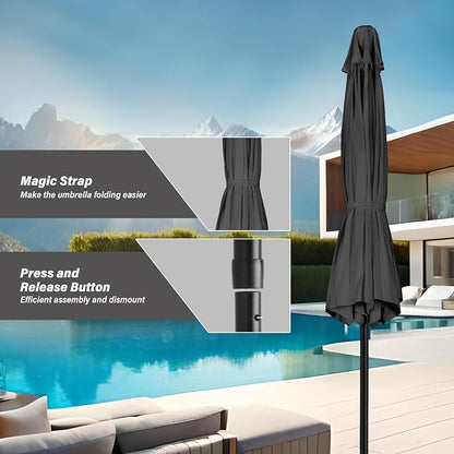 YSSOA 9' Patio Umbrella with 50lbs 20" Capacity Fillable Heavy Duty Round Base, 8 Sturdy Ribs, for Outdoor Lawn, Deck, Poolside, Grey and Black