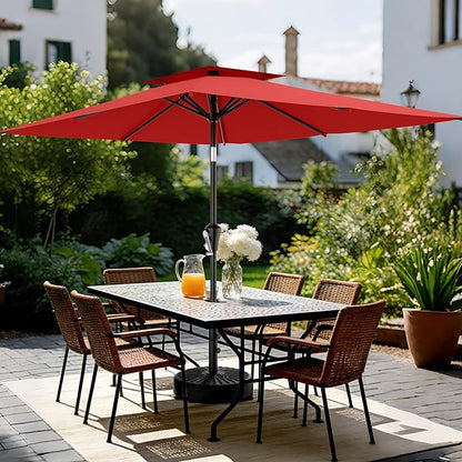 AreShark 6.5'x10' 2 Tiers Rectangular Patio Umbrella - Outdoor Umbrella Waterproof UV Protection, Market Table Umbrella w/Push Button Tilt for Pool, Lawn, Balcony(Red)