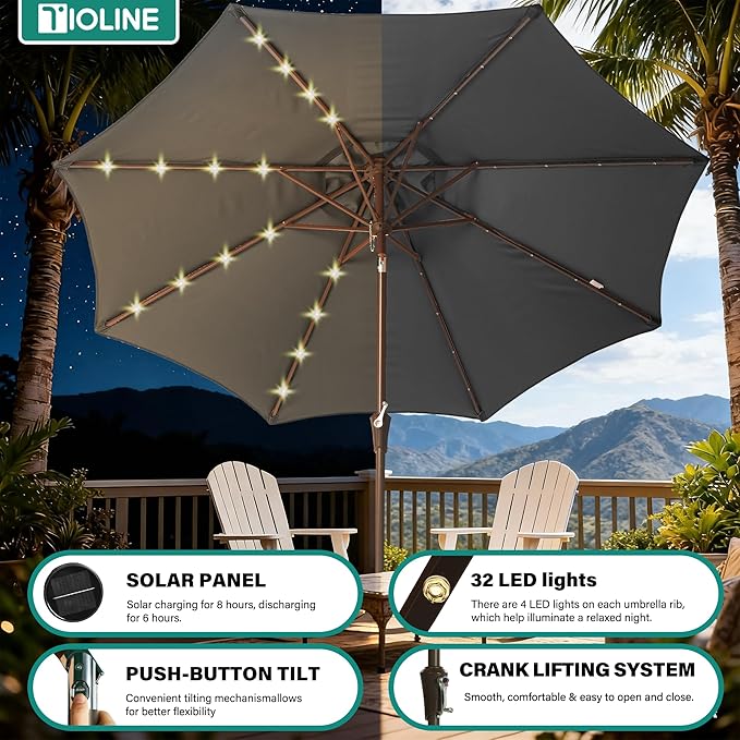9FT Solar-Powered LED Patio Umbrella with Tilt Crank,Outdoor Market Umbrella with 32 Lights,Sunshade for Deck, Garden and Pool