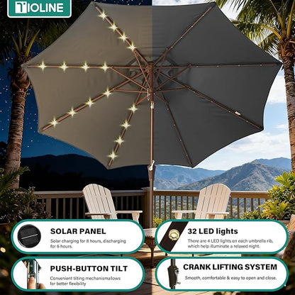 9FT Solar-Powered LED Patio Umbrella with Tilt Crank,Outdoor Market Umbrella with 32 Lights,Sunshade for Deck, Garden and Pool