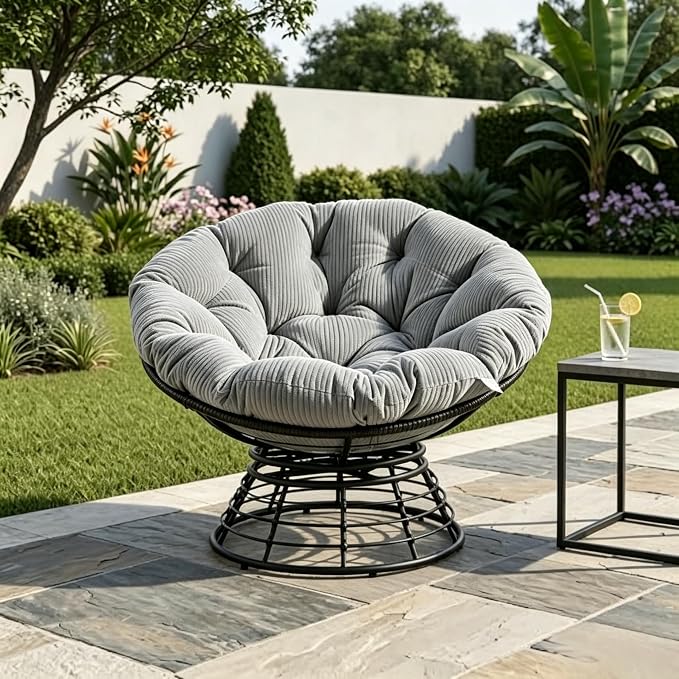 Cushion Papasan Swivel Chair, Ergonomic Wicker Round Chair with Thick Padding, Oversized Swivel Wicker Accent Chairs for Living Room, Bedroom, Reading Room, Balcony, Brown Frame, Gray