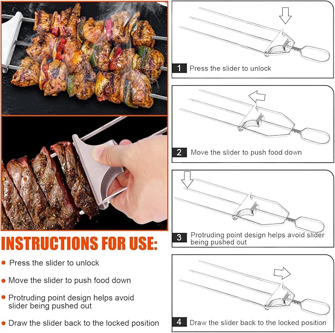 SHIKORI 3 Way Kabob Skewer,17''Stainless Steel Barbecue Fork 3 Pcs | Kabob Sticks With Push Bar Reusable Metal Skewer for Outdoor BBQ Meat Chicken Veggies Camping ,Food Grade,Rustproof