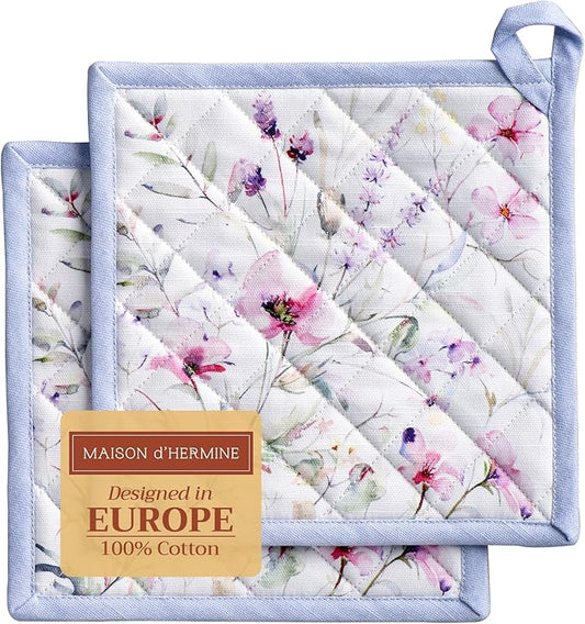 Maison d' Hermine Pot Holders 100% Cotton Heat Resistant Potholders 8" x 8" Hot Pads with Loop BBQ Cooking Baking Hotel Farmhouse Kitchen Handling Hot Pans Spring Summer (Pack of 2, Summer Floral)