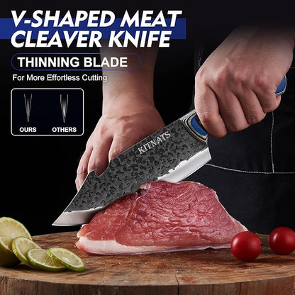 KITNATS 3Pcs Kitchen Knife Set, Hand Forged Butcher Knives Set - Chef Knives & Butcher Knife &Tactical Chopper, Meat Cutting Cleaver for Home Camping BBQ Ideal Gifts