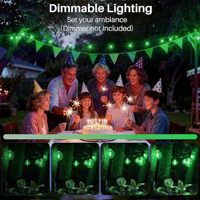 50 FT Green Outdoor String Lights G40 Globe Shatterproof Patio Lights,26 Plastic Edison Bulbs(2 Spare) IP65 Waterproof Dimmable LED Bulbs for Backyard Porch Balcony Party Decor, E12 Base