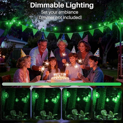 50 FT Green Outdoor String Lights G40 Globe Shatterproof Patio Lights,26 Plastic Edison Bulbs(2 Spare) IP65 Waterproof Dimmable LED Bulbs for Backyard Porch Balcony Party Decor, E12 Base