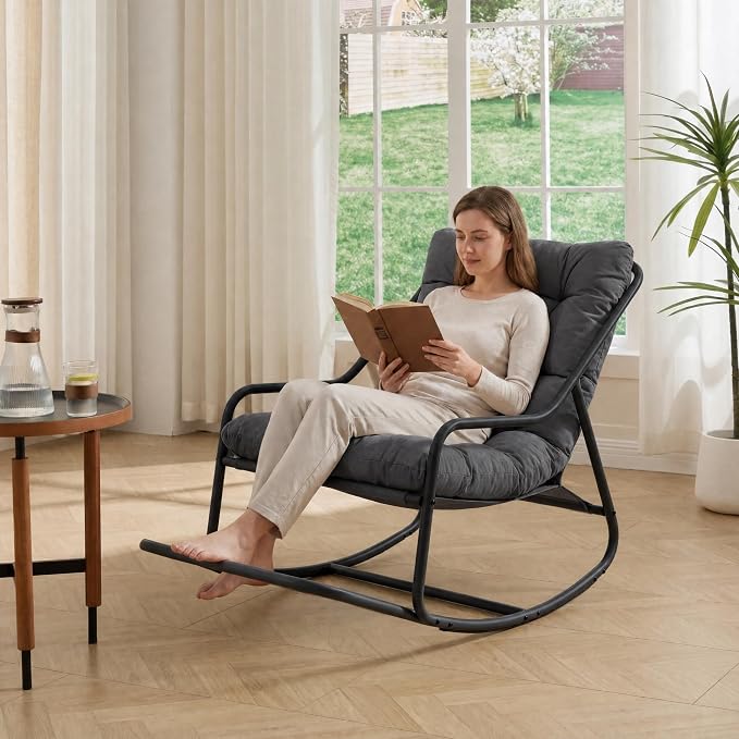 Outdoor Rocking Chairs, Metal Frame Outdoor Rocker with Footrest, Comfy Oversized Patio Chair with Thick Cushion, Reading Glider Lounge Chair for Living Room, Bedroom, Garden, Relax, Gray