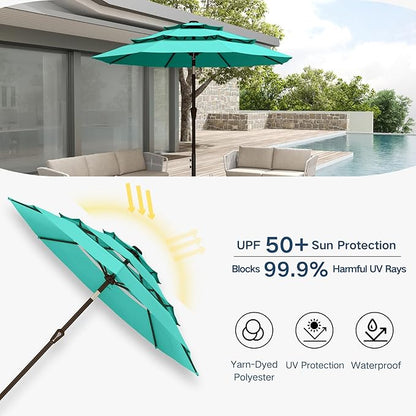 10FT Patio Umbrella 3 Tiers Outdoor Market Umbrella w/Push Button Tilt, Crank, UV and Waterproof Table Umbrella for Garden, Pool, Backyard, Deck, Lawn, Turquoise Blue