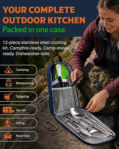 Life2Go 12 Piece Stainless Steel Camping Cooking Utensils Set, Portable Outdoor Kitchen Kit with Chef Knife, Tongs, Spatula, Scissors, Camp Cooking Gear with Carry Case for Hiking, BBQ & Travel, Gray