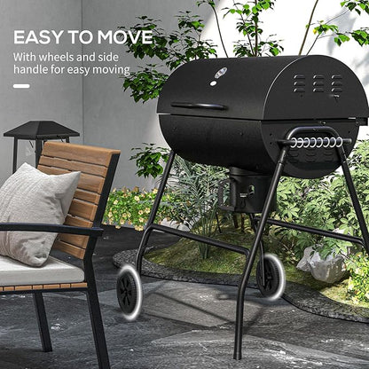 Barrel Charcoal BBQ Grill with Wheels, 420 sq.in. Cooking Area, Built-In Thermometer & Ash Catcher for Patio Picnics & Backyard Parties