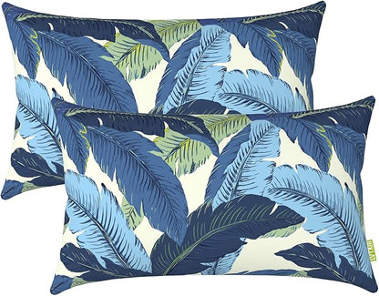 LVTXIII 12×20 Inch Outdoor Lumbar Pillows, Pack of 2 Water Repellent Lumbar Pillow with Inserts, Fluffy Decorative Garden Lumbar Cushions for Home Patio Coach Sofa Use, Swaying Palms Blue