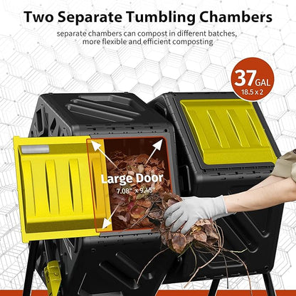 Compost Bin Outdoor, 2 Separate Tumbling Chambers, 37Gal Lagre Compost Tumbler with Sliding Door and Aeration System, 360° Rotating, Tumbling Composter Bin for Kitchen, Garden, Yard, Black Yellow