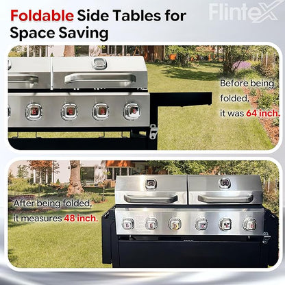 Flintex 6 Burner Propane Gas Grill Griddle Combo with Porcelain-Enameled Cast Iron Grates & Cast Iron Pan, Dual Outdoor BBQ Grill With Flat Top Griddle for Backyard Barbecue, 610 sq.in.