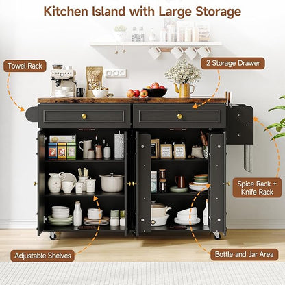 ComfyCorner 58" Rolling Kitchen Island with Storage, Island Table for Kitchen with Power Outlet, Multi-level Kitchen Islands on Wheels, Mobile Bar Cart with Spice Rack, Towel Rack, Knife Holder, Black