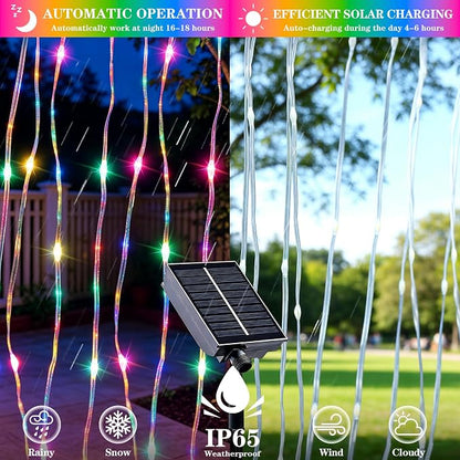 Solar Curtain Lights Outdoor Waterproof, 300LED 9.8x9.8FT Fairy String Lights with USB-C & Solar Charging, Remote Timer Twinkle Waterfall Lights for Patio Garden Wedding Decor (Colorful)