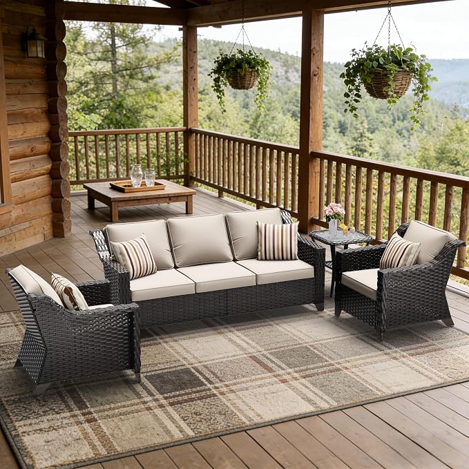 4 Piece Patio Furniture Set, Wicker Outdoor Conversation Set | Patio Chair Set with Olefin Removable Cushion, All-Weather Outdoor Couch with Deep Seat for Porch, Deck and Backyard, Beige