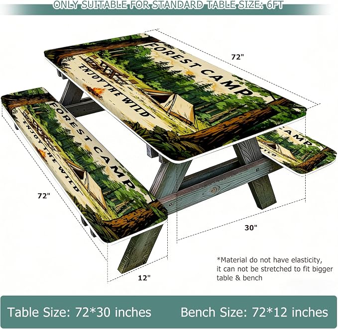 3 Piece Picnic Table Cover with Bench Covers and Bag, Camping Essentials | Outdoor 6ft Table Cover with Elastic Edges, Waterproof Windproof, for Rectangle Tables and Seat for Patio, Forest (30"x72")