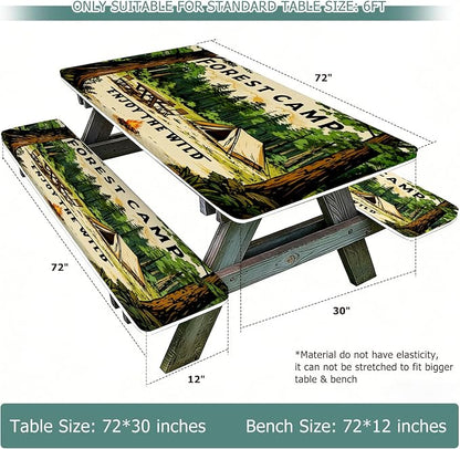 3 Piece Picnic Table Cover with Bench Covers and Bag, Camping Essentials | Outdoor 6ft Table Cover with Elastic Edges, Waterproof Windproof, for Rectangle Tables and Seat for Patio, Forest (30"x72")