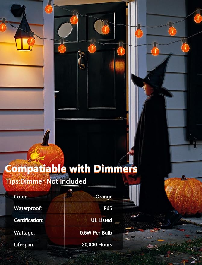 SUNSGNE G40 LED Orange Halloween String Lights Outdoor, 25 Feet Orange String Lights with 25 Count Bulbs for Halloween Thanksgiving Indoor Outdoor Party Festival Haunted House Decor
