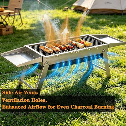 Portable Folding Charcoal Grill Tool-Free Assembly Stainless Steel BBQ Grill with Slide-Out Ash Pan & Side Trays, Compact Outdoor Barbecue for Camping, Picnic, Tailgating