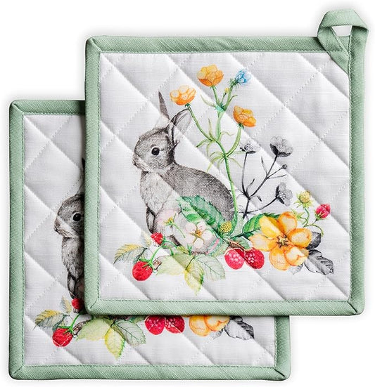 Maison d' Hermine Pot Holders 100% Cotton Heat Resistant Potholders 8" x 8" Hot Pads with Loop BBQ Cooking Baking Hotel Farmhouse Kitchen Handling Hot Pans Spring Summer (Pack of 2, Printemps)