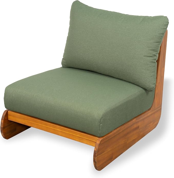 Merax Outdoor All-Weather Acacia Wood Single Sofa with Cushion, Patio Lounge Chair for Porch, Lawn, Backyard, Balcony, Green+Teak