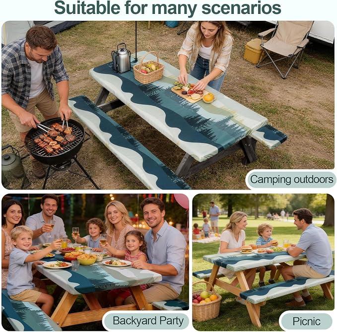 Picnic Table Cover Bench Covers Camping Essentials Tablecloth | Waterproof Vinyl for Outdoor, Windproof Elastic Fitted Edges, RV BBQ Accessories Must Haves, Storage Bag Included
