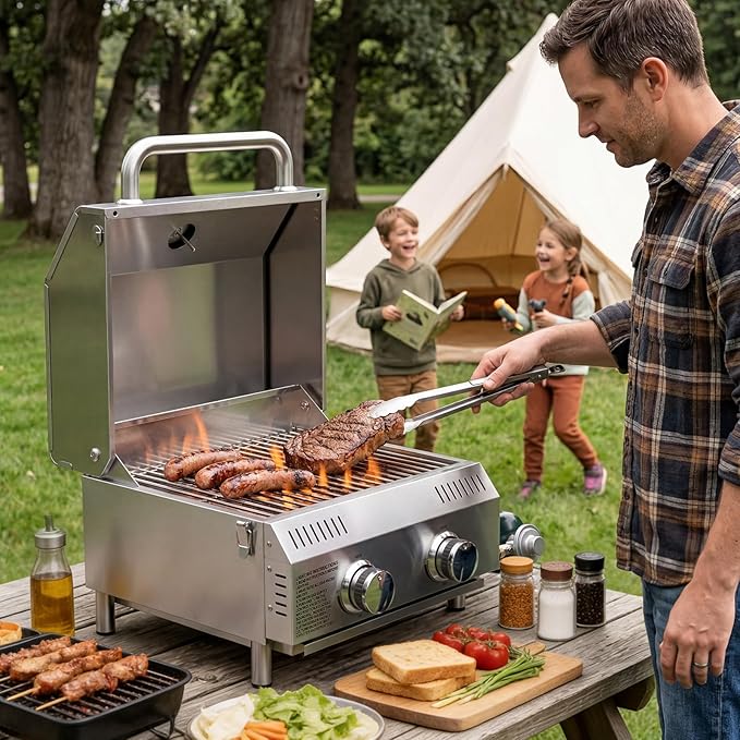 Bestfire 2-Burner Tabletop Propane Gas Grill, Dual Connections, 20,000 BTU Stainless Steel Portable Grill, Fits Large Gas Cylinders/Small Canisters, for Camping, RV, Outdoor BBQ