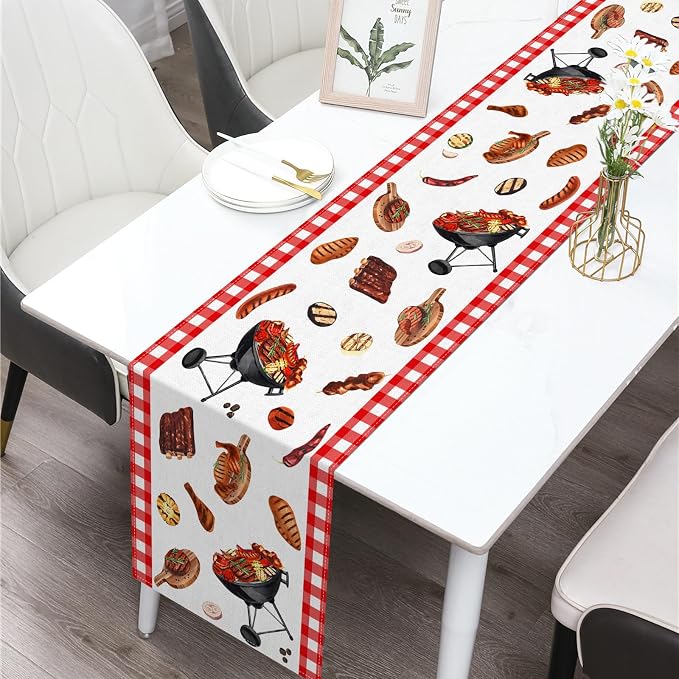 BBQ Party Table Runner Summer Barbecue Birthday Baby Shower Decoration Red and White Checkered Picnic Dining Room Home Kitchen Table Decor