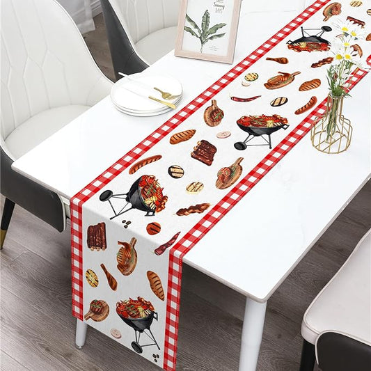 BBQ Party Table Runner Summer Barbecue Birthday Baby Shower Decoration Red and White Checkered Picnic Dining Room Home Kitchen Table Decor